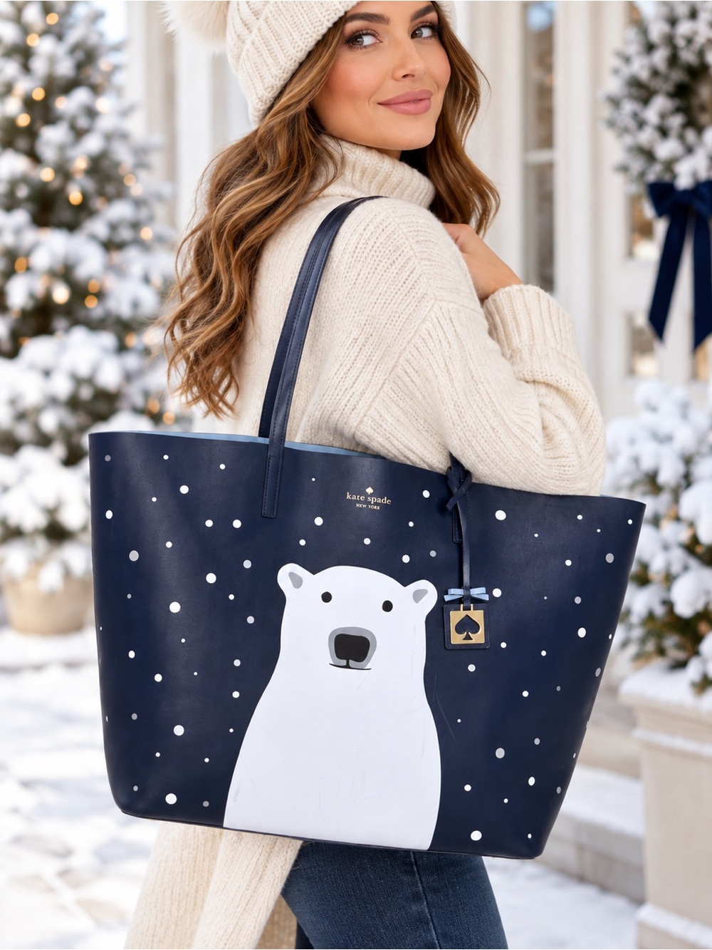 RARE Kate Spade Cold Comforts Polar Bear Oversized Len Cow Leather Tote Navy